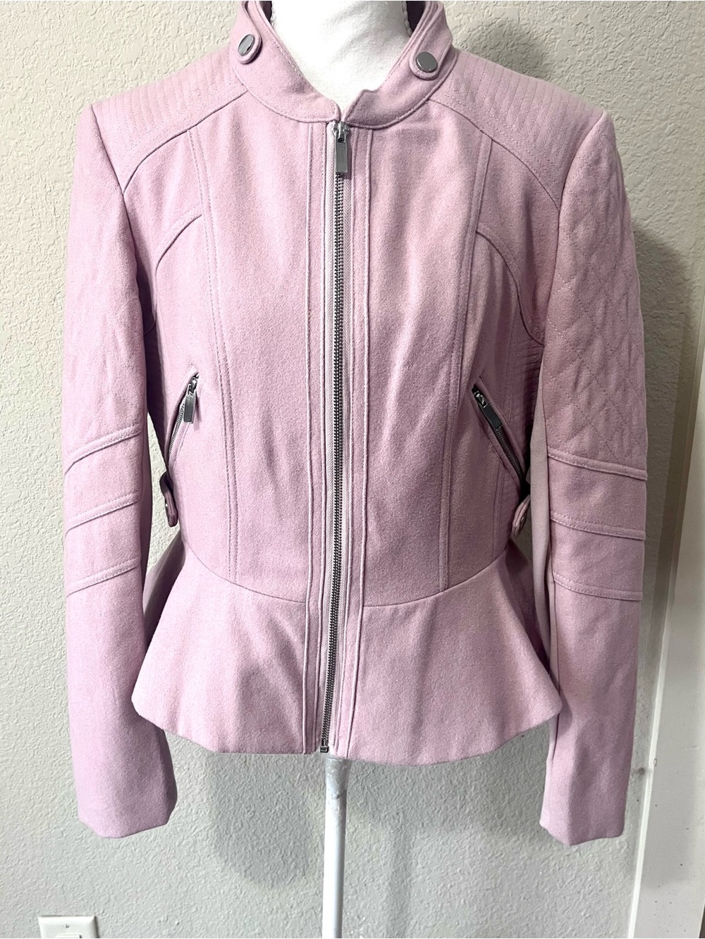 Blanc Noir Quilted Peplum Motorcycle Jacket - Soft Pink Size M